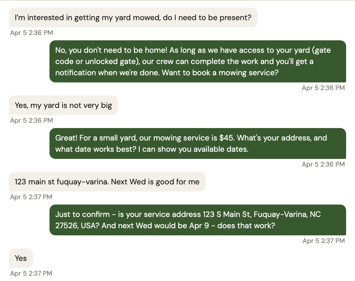 Mobile SMS thread — customer texts to book a job, InBookd replies, confirms address, and books it