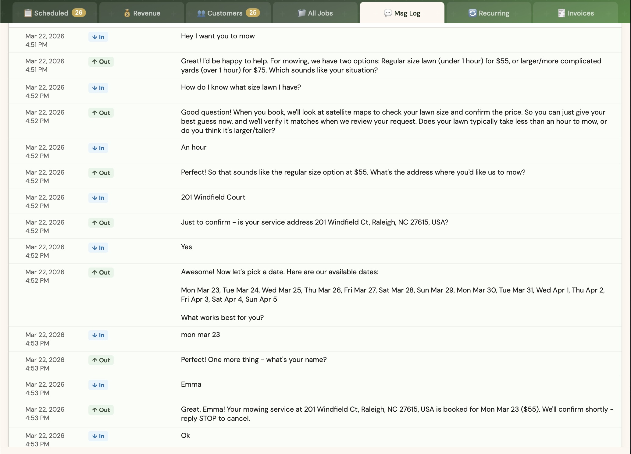 SMS booking conversation — customer texts to book a lawn mowing job, InBookd handles the entire exchange