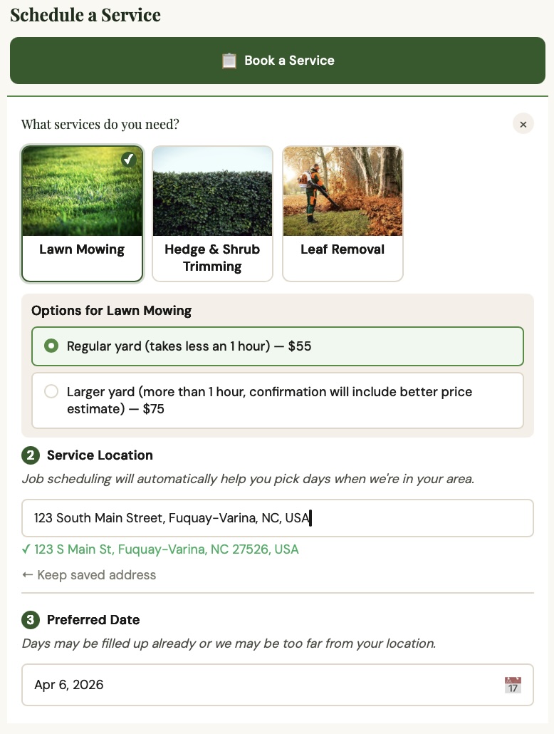 Customer-facing booking portal on mobile — service picker, date selector, address field