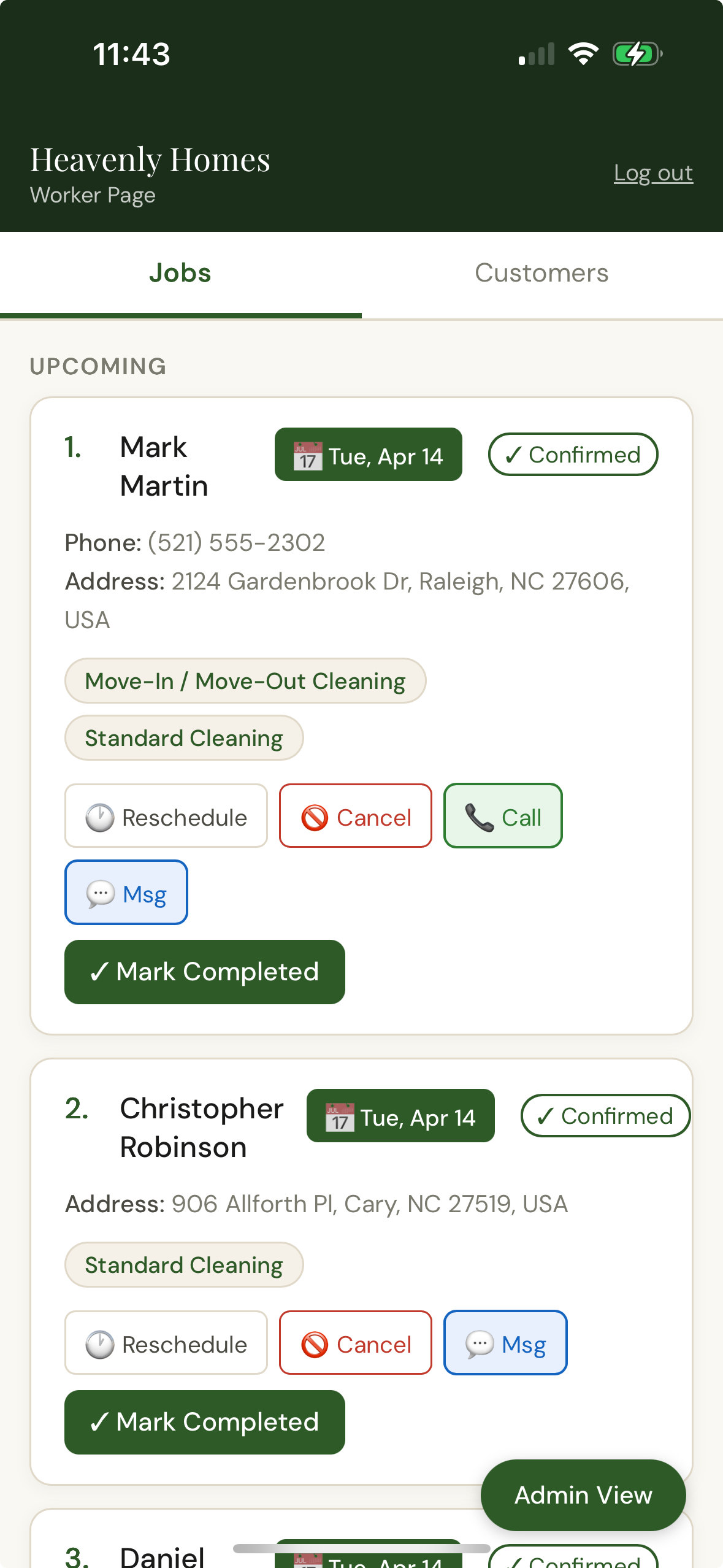 Worker's today view — job list with one-tap route launch to Google Maps