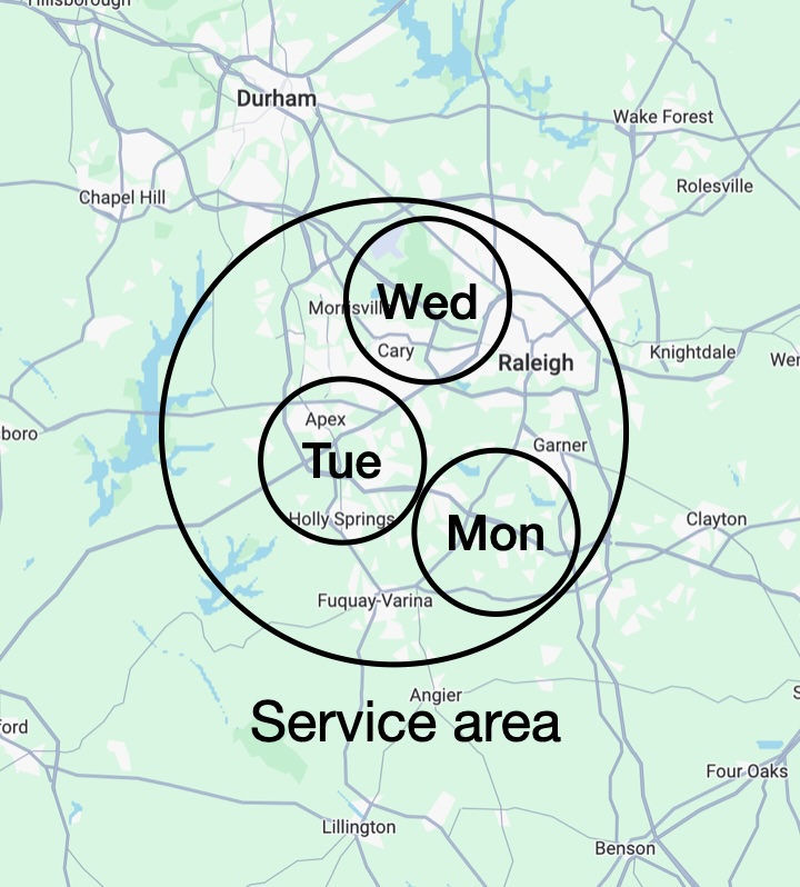 Map showing service area boundary and geographically clustered job groups by day